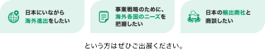 日本にいながら海外進出をしたい | 事業戦略のために、海外各国のニーズを把握したい | 日本の輸出商社と商談したい