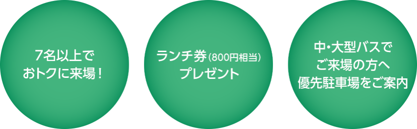 7名以上でおトクに来場！｜ランチ券（800円相当）プレゼント｜中・大型バスでご来場の方へ優先駐車場をご案内